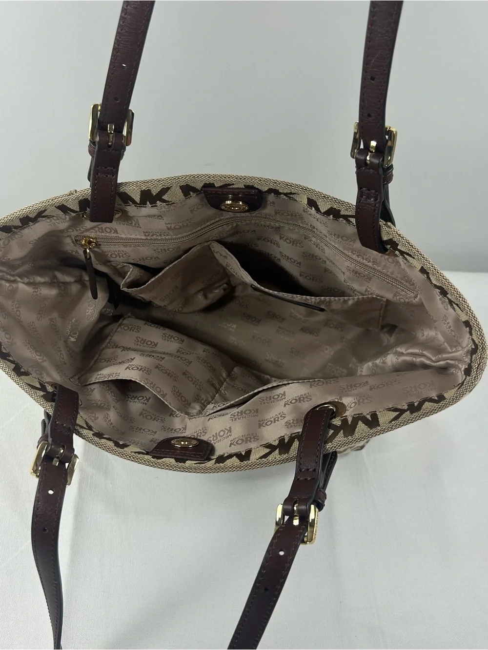 Michael Kors Jet Set Signature Jacquard Medium Tote Bag Tan 38T2XTTT2J EUC